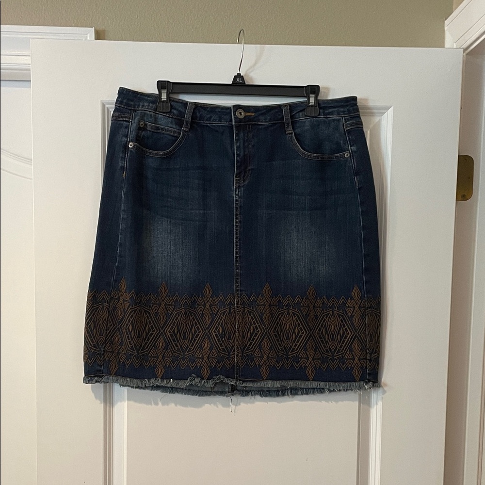 Reba Dark Denim Skirt with Intricate Brown Design